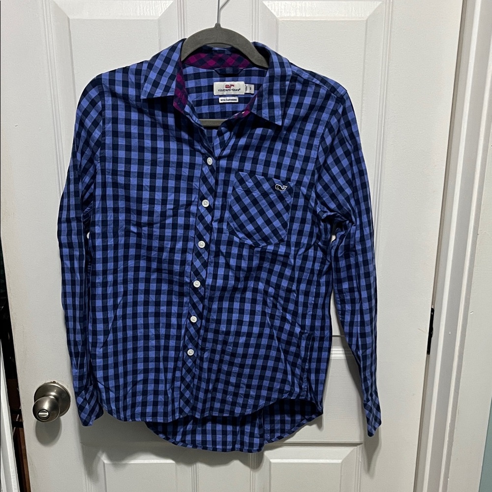 Vineyard Vines Navy and Black Plaid Women's Button Down Shirt